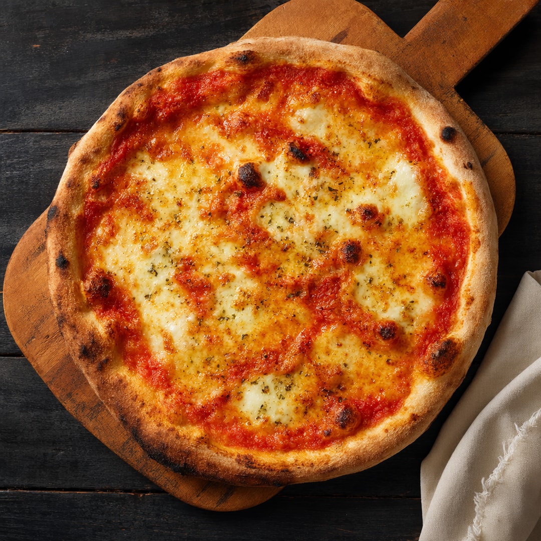Rustikk pizza på trefjøl — illustrasjon av maten som serveres ved arrangementer hos Hammerfest Bowling